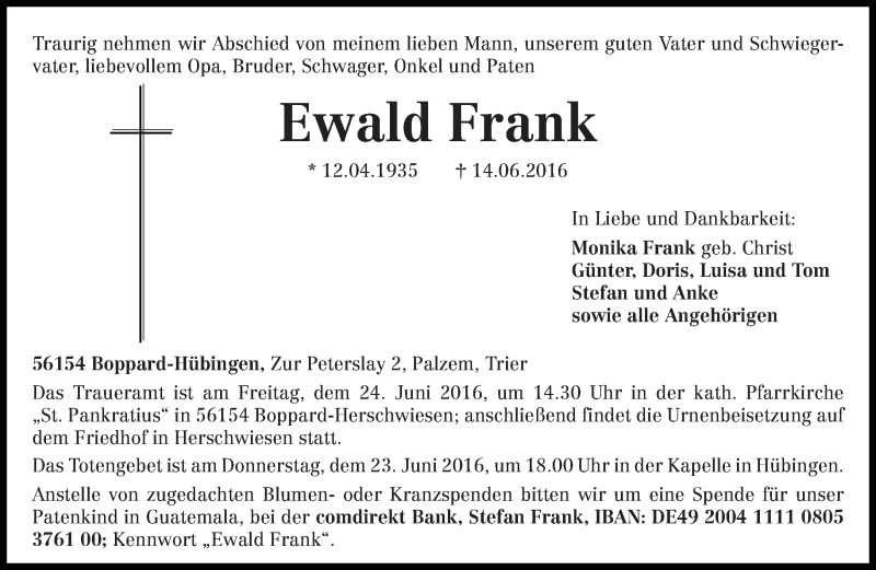  Traueranzeige für Ewald Frank vom 18.06.2016 aus trierischer_volksfreund
