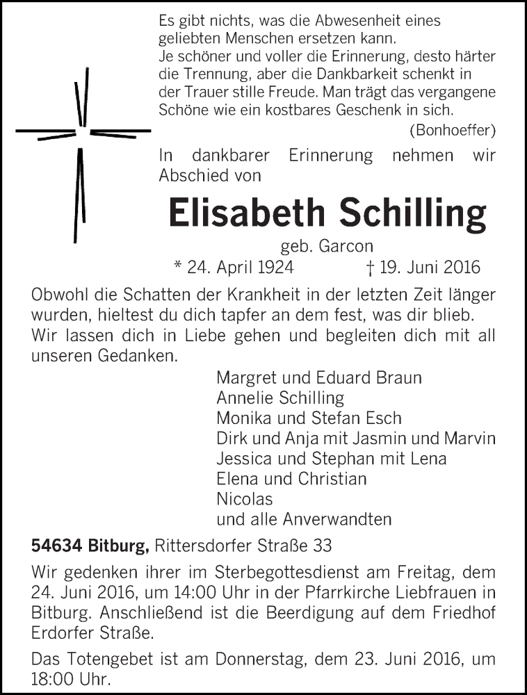  Traueranzeige für Elisabeth Schilling vom 21.06.2016 aus trierischer_volksfreund