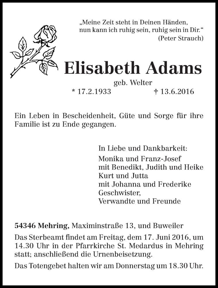  Traueranzeige für Elisabeth Adams vom 15.06.2016 aus trierischer_volksfreund