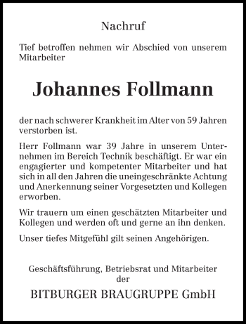Traueranzeige von Johannes Follmann von trierischer_volksfreund