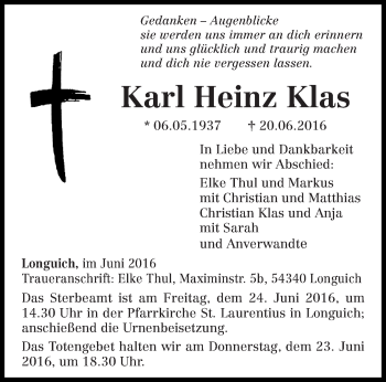 Traueranzeige von Karl Heinz Klas von trierischer_volksfreund