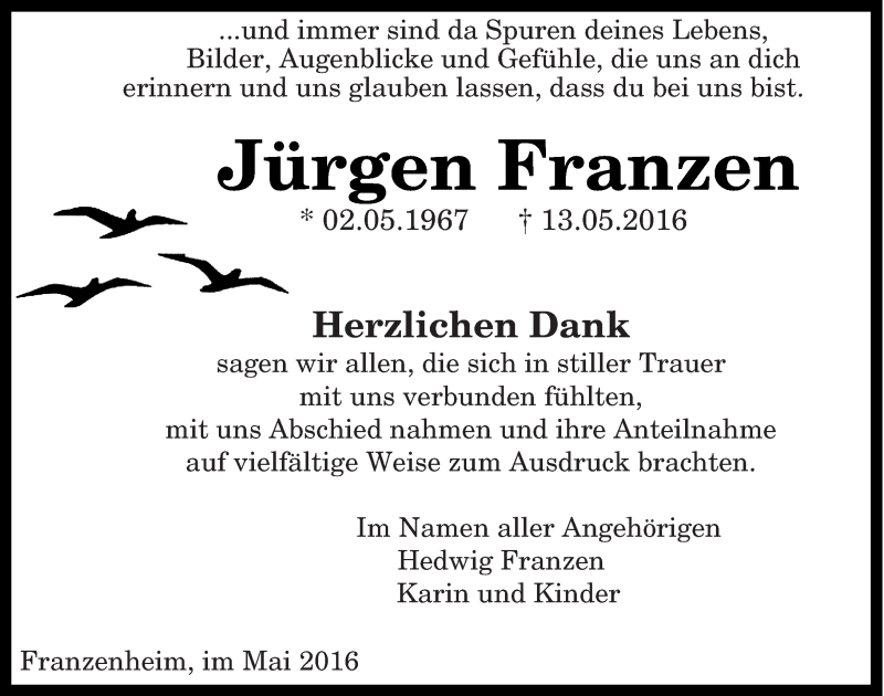  Traueranzeige für Jürgen Franzen vom 25.06.2016 aus trierischer_volksfreund
