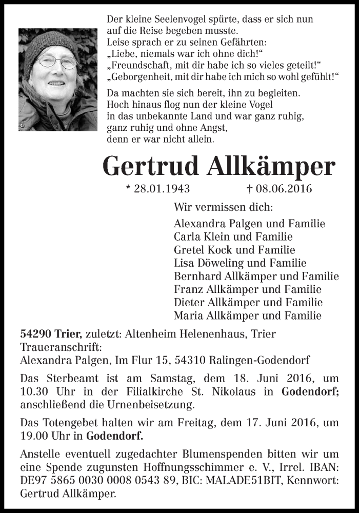  Traueranzeige für Gertrud Allkämper vom 16.06.2016 aus trierischer_volksfreund