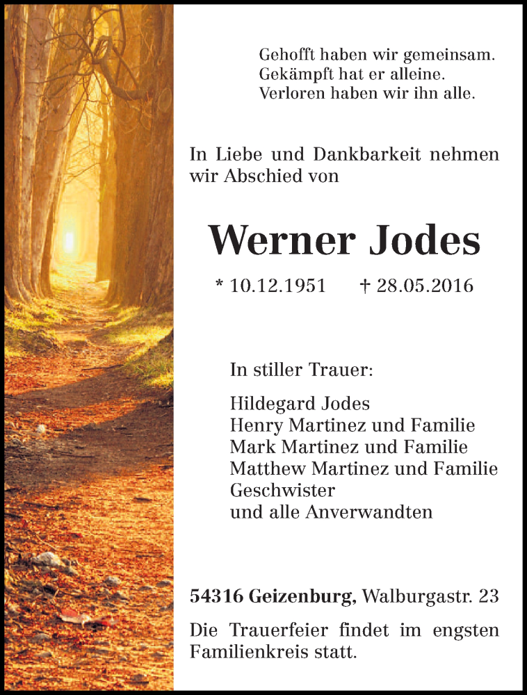  Traueranzeige für Werner Jodes vom 10.06.2016 aus trierischer_volksfreund