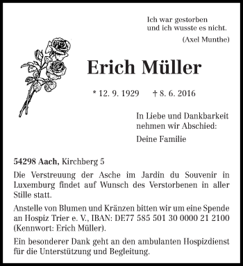 Traueranzeige von Erich Müller von trierischer_volksfreund