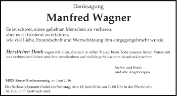 Traueranzeige von Manfred Wagner von trierischer_volksfreund