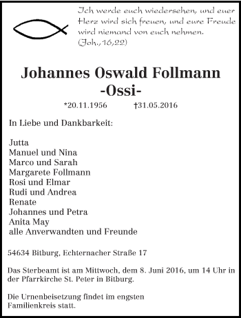Traueranzeige von Johannes Oswald Follmann von trierischer_volksfreund
