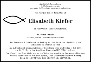 Traueranzeige von Elisabeth Kiefer von trierischer_volksfreund