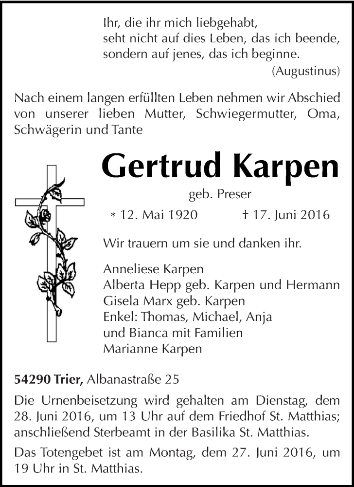  Traueranzeige für Gertrud Karpen vom 24.06.2016 aus trierischer_volksfreund