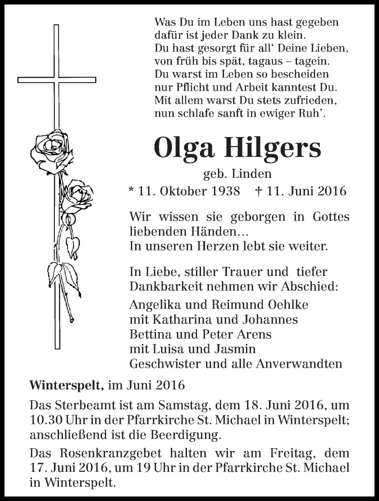  Traueranzeige für Olga Hilgers vom 14.06.2016 aus trierischer_volksfreund