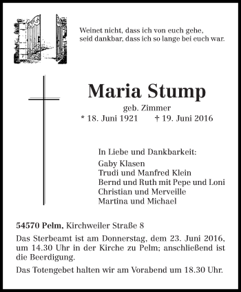 Traueranzeige von Maria Stump von trierischer_volksfreund