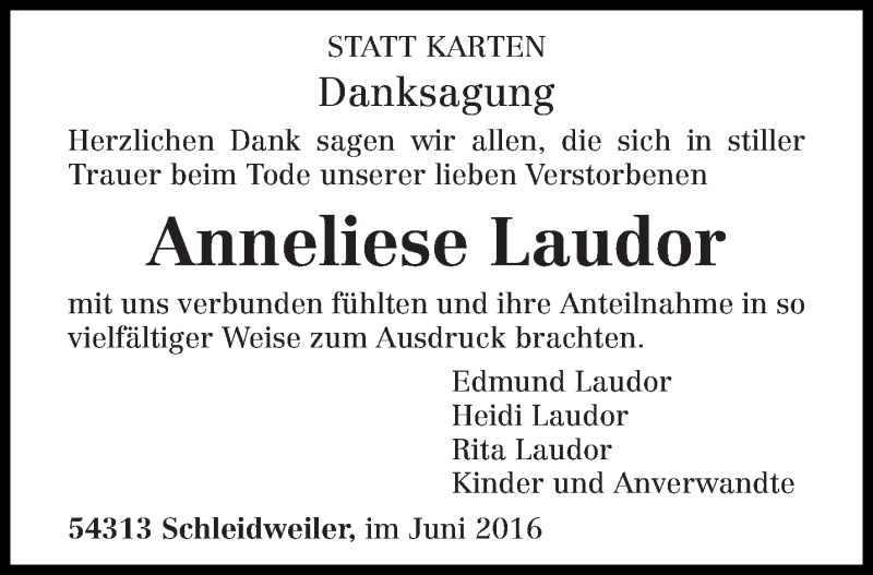  Traueranzeige für Anneliese Laudor vom 01.06.2016 aus trierischer_volksfreund