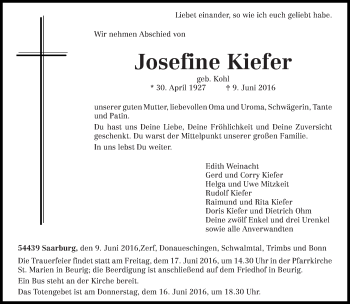 Traueranzeige von Josefine Kiefer von trierischer_volksfreund