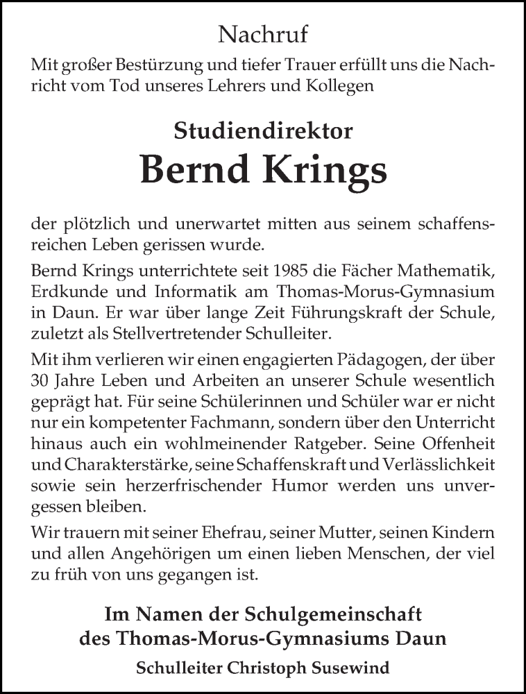  Traueranzeige für Bernd Krings vom 25.06.2016 aus trierischer_volksfreund