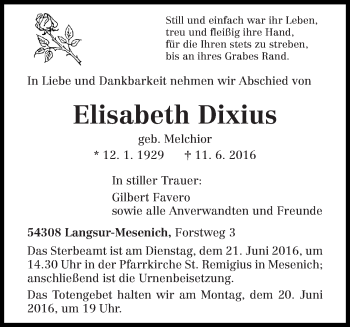 Traueranzeige von Elisabeth Dixius von trierischer_volksfreund