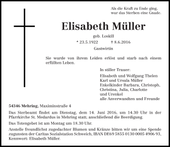 Traueranzeige von Elisabeth Müller von trierischer_volksfreund