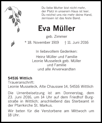 Traueranzeige von Eva Müller von trierischer_volksfreund