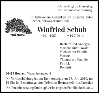 Traueranzeige von Winfried Schuh von trierischer_volksfreund