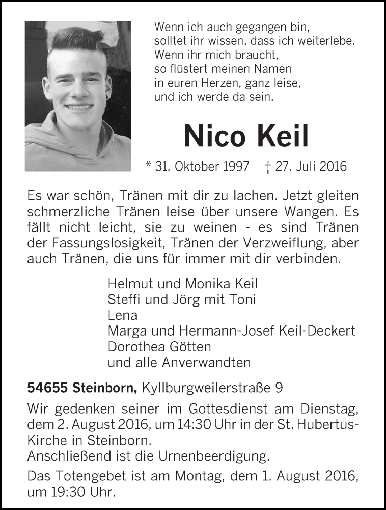  Traueranzeige für Nico Keil vom 29.07.2016 aus trierischer_volksfreund