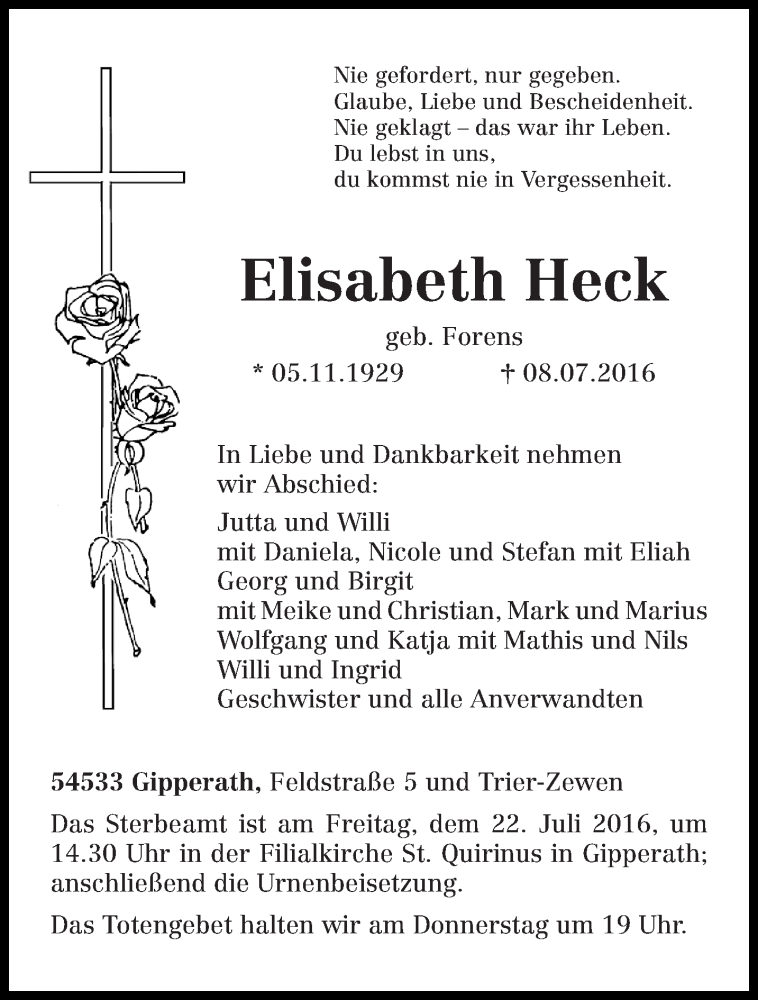  Traueranzeige für Elisabeth Heck vom 16.07.2016 aus trierischer_volksfreund