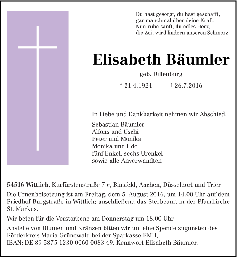 Traueranzeige für Elisabeth Bäumler vom 30.07.2016 aus trierischer_volksfreund