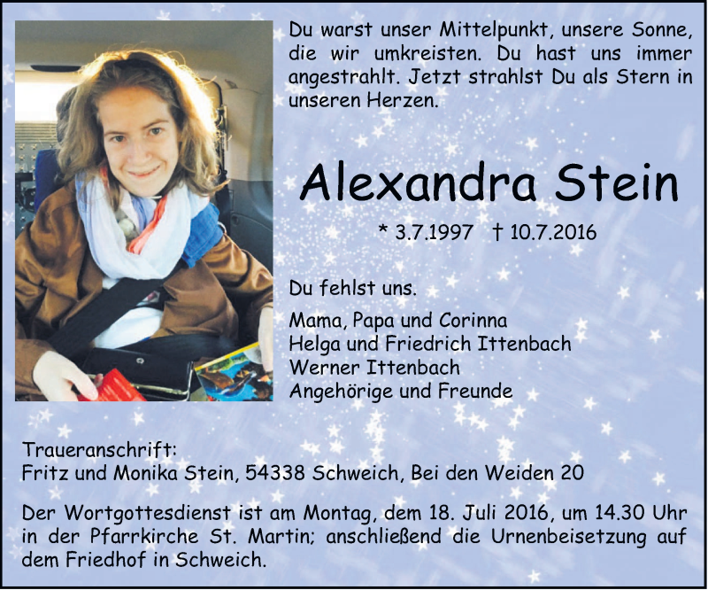  Traueranzeige für Alexandra Stein vom 13.07.2016 aus trierischer_volksfreund