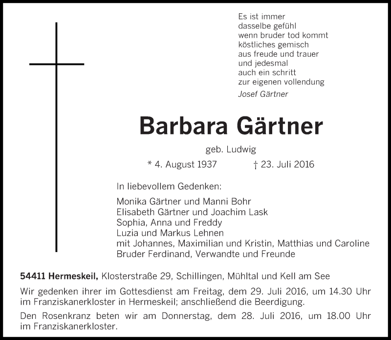  Traueranzeige für Barbara Gärtner vom 27.07.2016 aus trierischer_volksfreund