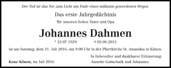 Traueranzeige von Johannes Dahmen von trierischer_volksfreund