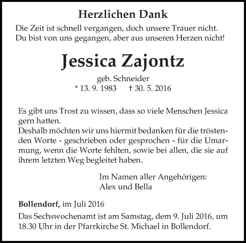  Traueranzeige für Jessica Zajontz vom 07.07.2016 aus trierischer_volksfreund