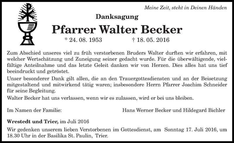  Traueranzeige für Walter Becker vom 13.07.2016 aus trierischer_volksfreund