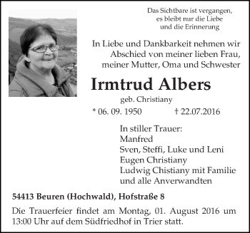 Traueranzeige von Irmtrud Albers von trierischer_volksfreund