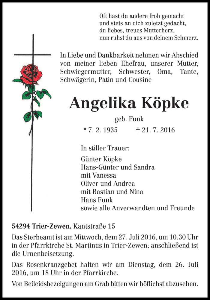  Traueranzeige für Angelika Köpke vom 23.07.2016 aus trierischer_volksfreund