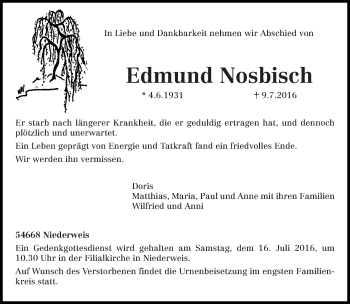 Traueranzeige von Edmund Nosbisch von trierischer_volksfreund