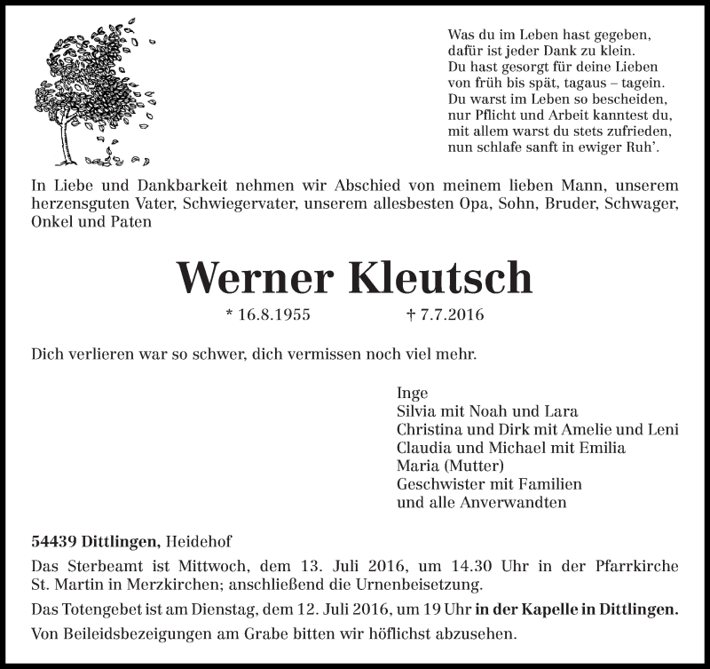  Traueranzeige für Werner Kleutsch vom 11.07.2016 aus trierischer_volksfreund