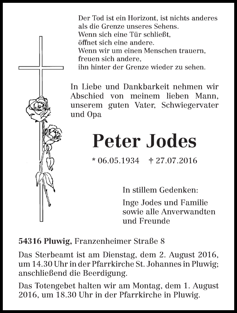  Traueranzeige für Peter Jodes vom 29.07.2016 aus trierischer_volksfreund
