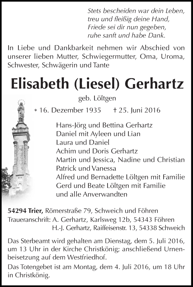  Traueranzeige für Elisabeth Gerhartz vom 30.06.2016 aus trierischer_volksfreund