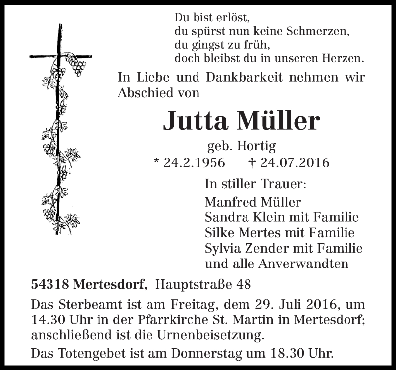  Traueranzeige für Jutta Müller vom 26.07.2016 aus trierischer_volksfreund