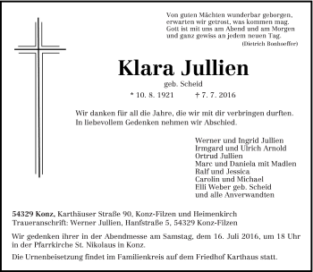 Traueranzeige von Klara Jullien von trierischer_volksfreund