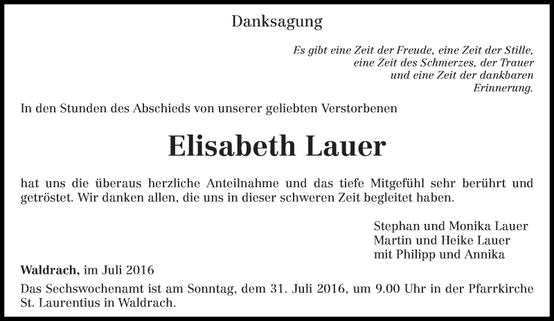  Traueranzeige für Elisabeth Lauer vom 23.07.2016 aus trierischer_volksfreund