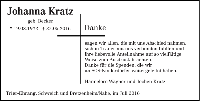  Traueranzeige für Johanna Kratz vom 09.07.2016 aus trierischer_volksfreund