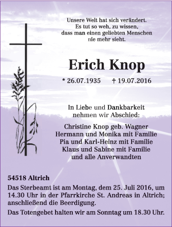 Traueranzeige von Erich Knop von trierischer_volksfreund