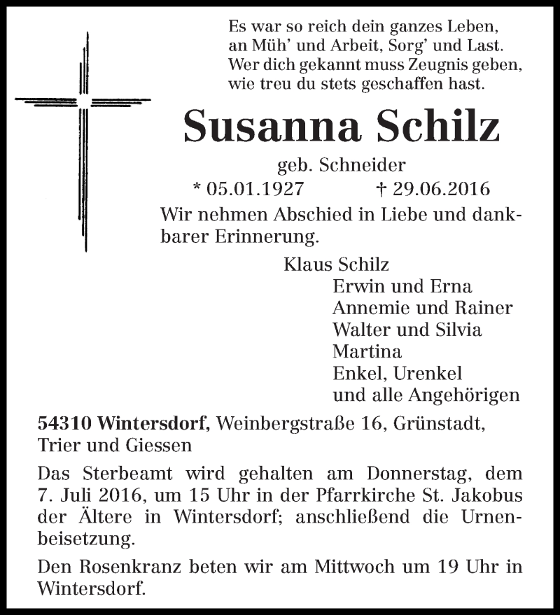  Traueranzeige für Susanna Schilz vom 04.07.2016 aus trierischer_volksfreund