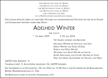 Traueranzeige von Adelheid Winter von trierischer_volksfreund
