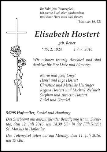 Traueranzeige von Elisabeth Hostert von trierischer_volksfreund