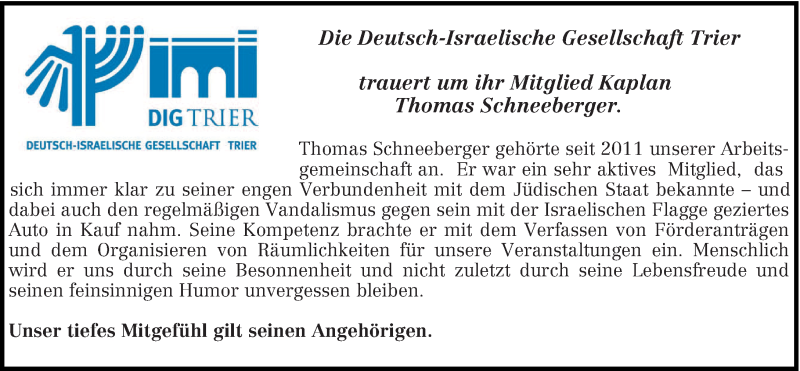  Traueranzeige für Thomas Schneeberger vom 16.07.2016 aus trierischer_volksfreund