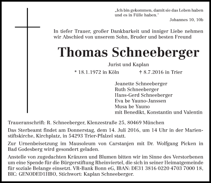  Traueranzeige für Thomas Schneeberger vom 12.07.2016 aus trierischer_volksfreund