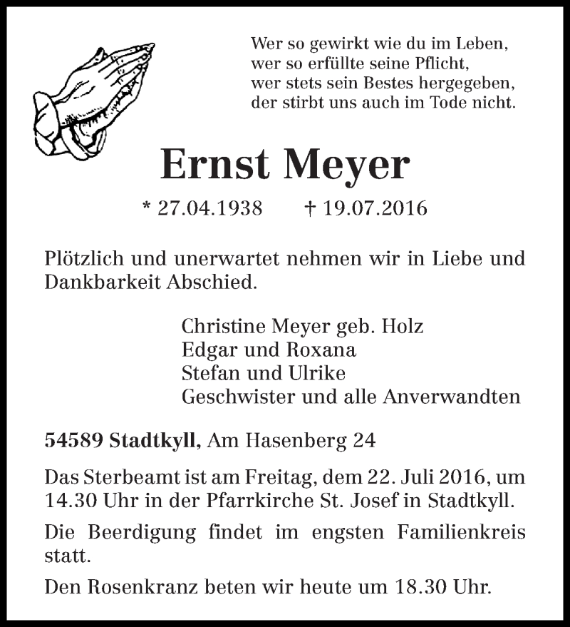  Traueranzeige für Ernst Meyer vom 21.07.2016 aus trierischer_volksfreund