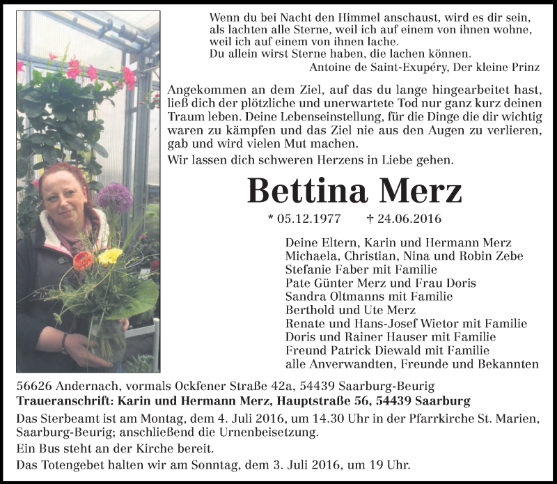  Traueranzeige für Bettina Merz vom 02.07.2016 aus trierischer_volksfreund