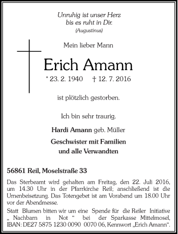 Traueranzeige von Erich Amann von trierischer_volksfreund