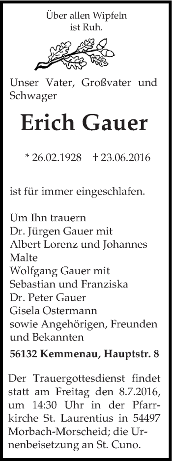 Traueranzeige von Erich Gauer von trierischer_volksfreund